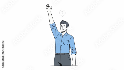 Man Waving Hand Enthusiastically in a Blue Shirt.