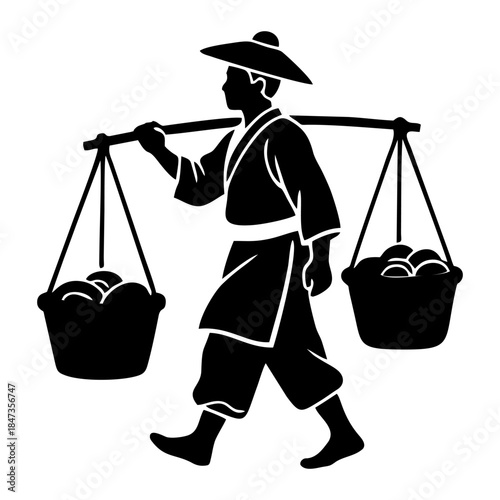 silhouette of a person carrying a yoke containing a basket