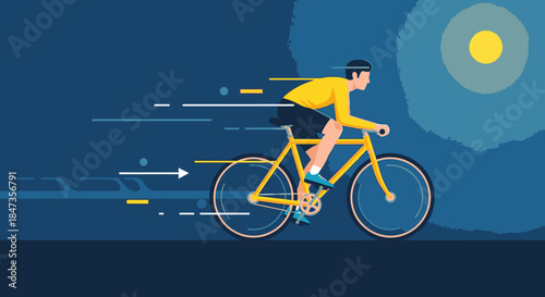 A man cycles rapidly through a dark night under the glow of a full moon, depicted in a dynamic flat illustration style showcasing speed and movement.