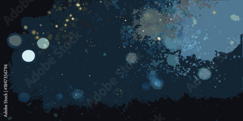 A dark atmospheric nightscape with blurry lights and silhouetted trees