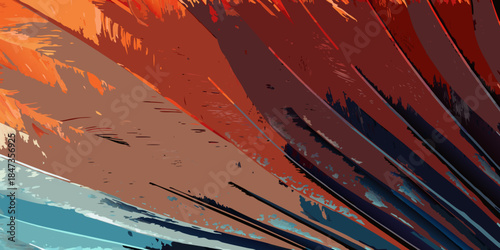 Abstract expressionist painting with bold strokes of red orange and blue