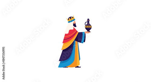 A vibrant, flat design illustration of one of the Three Wise Men (Magi), wearing colorful robes and holding a decorative jug as a gift.