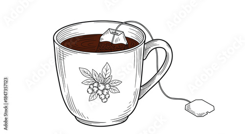 A detailed black and white hand-drawn illustration of a mug of tea with a tea bag steeping, decorated with a berry branch design.