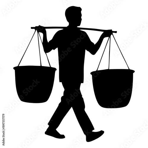 silhouette of a person carrying a yoke containing a basket