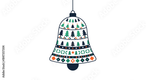 Colorful Christmas bell ornament decorated with a festive folk art pattern of trees and shapes, isolated on a clean white background.