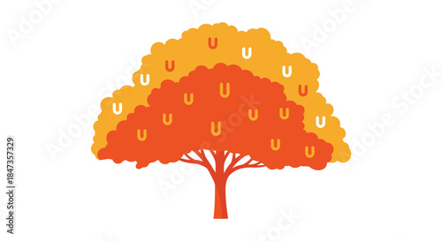 Stylized autumn tree with orange and yellow foliage featuring the letter U, a creative concept for educational or branding purposes.