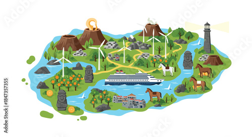 Colorful illustrated travel map of a scenic island with volcanoes, wind turbines, a cruise ship, and local cultural landmarks.
