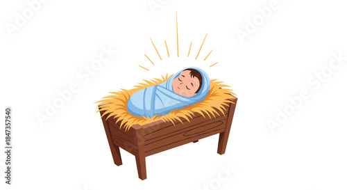 Cute cartoon illustration of baby Jesus swaddled in blue cloth, sleeping peacefully in a wooden manger filled with hay.