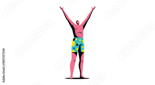 Stylized graphic illustration of a man in colorful swim trunks with arms raised in celebration, perfect for summer vacation themes.