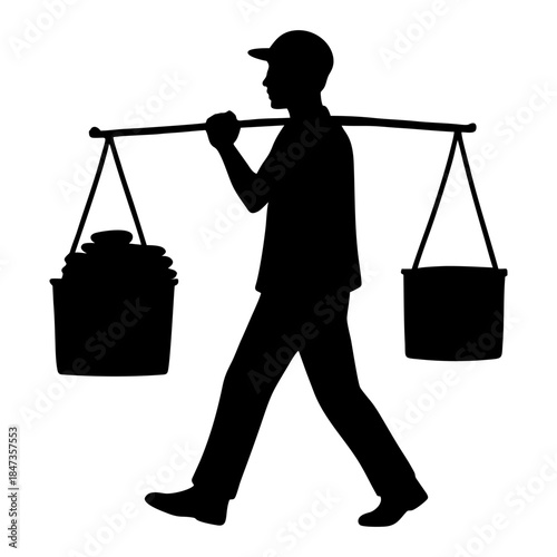 silhouette of a person carrying a yoke containing a basket