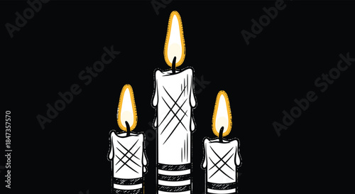 Hand-drawn illustration of three lit white candles of varying heights with melting wax, creating a warm and cozy ambiance.