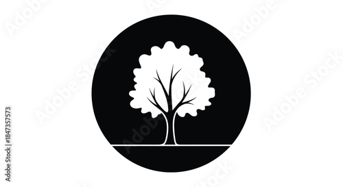 White silhouette of a deciduous tree on a black circular background, a simple and bold icon for nature, ecology, and environment themes.