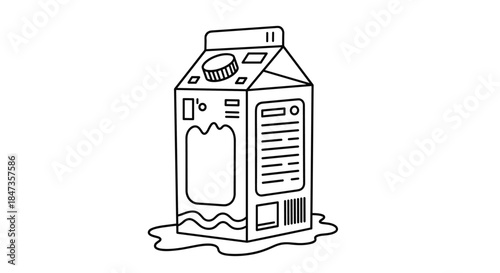 Black and white line art doodle of a milk or juice carton with a screw cap, spilled on the surface, for a fun food illustration.