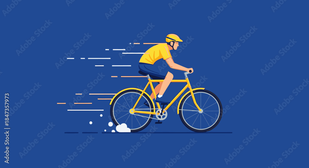 Fototapeta premium An energetic illustration depicts a person cycling rapidly on a bright yellow bicycle, emphasizing speed and active lifestyle against a solid blue background.