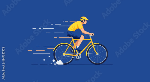 An energetic illustration depicts a person cycling rapidly on a bright yellow bicycle, emphasizing speed and active lifestyle against a solid blue background.