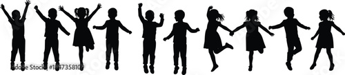 Happy children jumping and playing together silhouette, childhood joy concept, teamwork, friendship, black and white cad drawing flat vector illustration