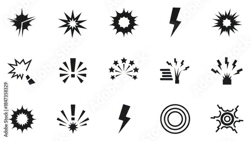 Bild auf Leinwand A collection of black and white graphic icons representing explosions, bursts, and lightning strikes