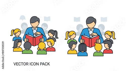 A man reading a book to a group of children, illustrating education or storytelling.