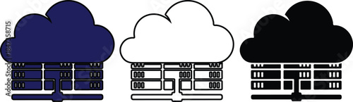 Three cloud with server racks in blue black and white color scheme data technology