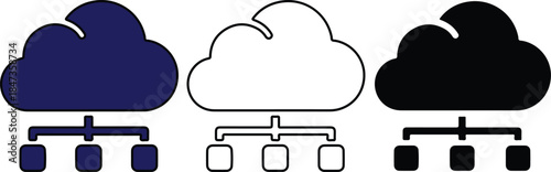Three clouds with different colors and connected boxes below them blue white