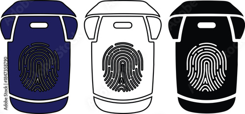 Three cylindrical containers with fingerprint in blue black and white