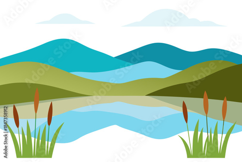 Peaceful Lake Landscape Vector with Reflections and Reeds
