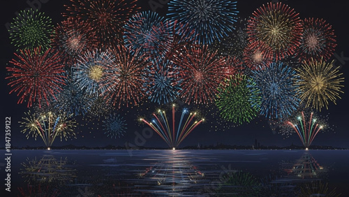 Vibrant fireworks explode over calm water at night creating colorful display