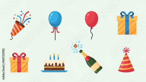Colorful birthday celebration icons with cake, balloons, gifts, and champagne