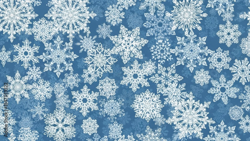 Delicate white snowflakes on blue background, frosty winter pattern