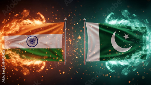 Indian power rivalry concept showing India and Pakistan flags with fire and energy effects symbolizing Republic strength Independence awareness and strategic Army tension in India concept 26 January 
