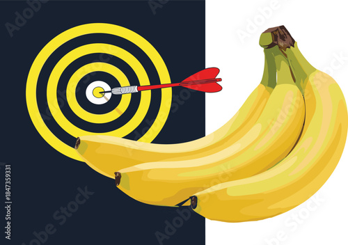 Banana target success concept illustration with dart hitting bullseye creative business goal achievement flat vector design for stock marketing advertising