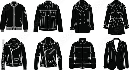 Black and white silhouette vector collection of various men's and women's outerwear, including bomber, denim, trench, peacoat, puffer, and leather jacket styles, for fashion graphics.