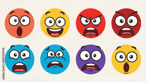 Set of Eight Expressive Cartoon Emoticons with Various Emotions.