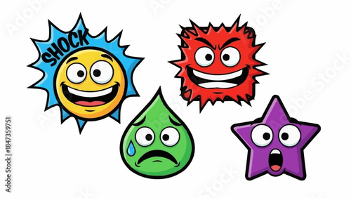 Four cartoon characters with different emotions and shapes.