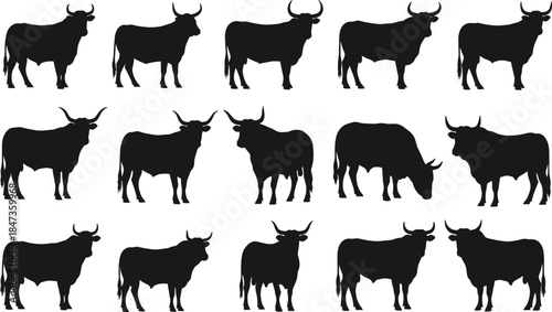 Black and white silhouette vector set featuring traditional gambrel roof barns, a horse, pigs, chickens, and a wooden fence, representing classic farm buildings and livestock.