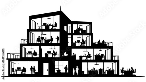 Modern office building interior cross section with business people working at desks silhouette vector illustration corporate environment multistory workplace busy staff productive atmosphere