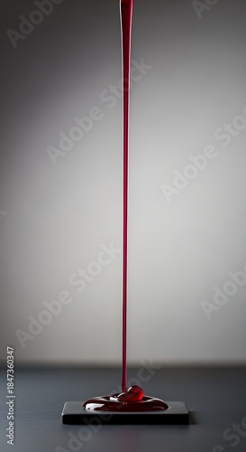 Red Liquid Pouring Onto Black Platform Creating Splash on Gray Background