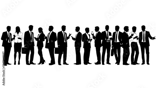 Silhouette collection of diverse business people standing in a row, dressed in formal wear, holding various objects, and engaging in conversations on white background