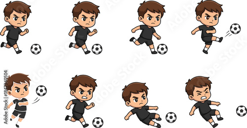 Cartoon soccer boy sequence, football action poses, expressive sports illustration, dynamic movement artwork, black vector character, athletic silhouette design