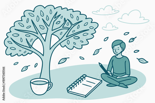 Vector illustration of a businessman sitting at a desk and working on a laptop computer in the office with a book and notebook nearby