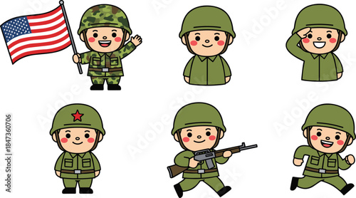Cartoon soldier illustration set, military character poses, diverse uniforms, patriotic design, army clipart, action and salute gestures