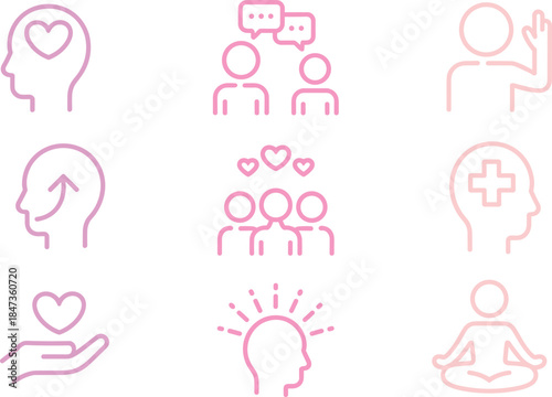 Mental health and wellbeing line icons set showing mindfulness support empathy communication therapy self care vector collection