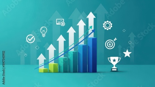 A colorful bar graph with white arrows and icons on a teal background showing business growth and success