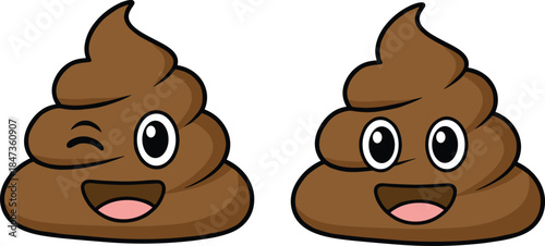 Cartoon poop emoji illustration, playful brown swirl characters, expressive faces artwork, humorous vector design, cheeky digital sticker concept
