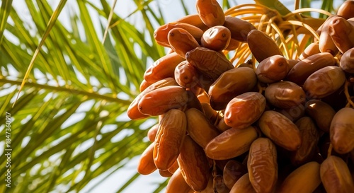 Close-up of ripe dates growing on a palm tree branch in sunlight.