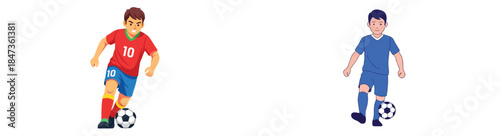 Two soccer players kicking ball with transparent background