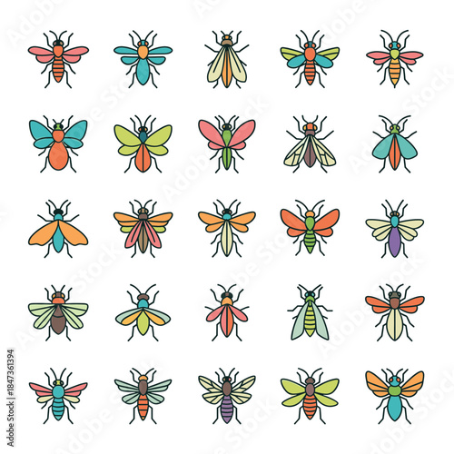 Minimalist Insect Bug and Fly Line Art Vector Icon Set in Pastel Colors for Nature Environment and Entomology