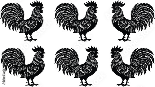 Black rooster silhouettes collection, detailed farm poultry vector illustration, vintage cockerel artwork set, rural animal design isolated on white background