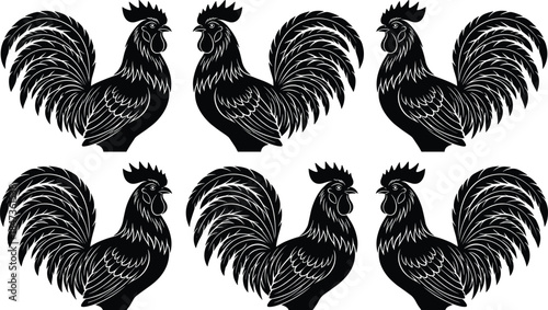 Black rooster silhouettes set, detailed farm animal vector illustration, vintage poultry design, traditional cockerel symbols, isolated on white background