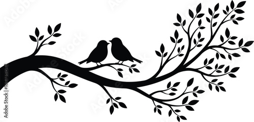 Black silhouette vector illustration of two birds perched on a leafy branch kissing, isolated on white background for wedding and romance designs.